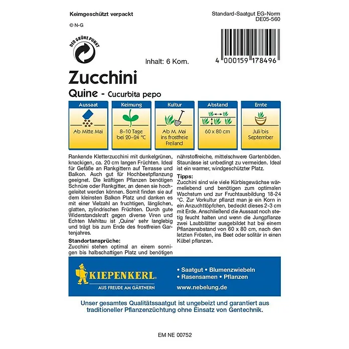 Kiepenkerl Profi-Line Gemüsesamen Zucchini - Quine, Cucurbita pepo, Erntezeit: Juli - Rückansicht