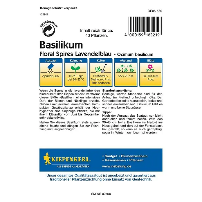 Kiepenkerl Profi-Line Kräutersamen Blütenbasilikum - Floral Spires Lavendel, Ocimum basilicum, Saatzeit: April, Erntezeit: Juli - Rückansicht