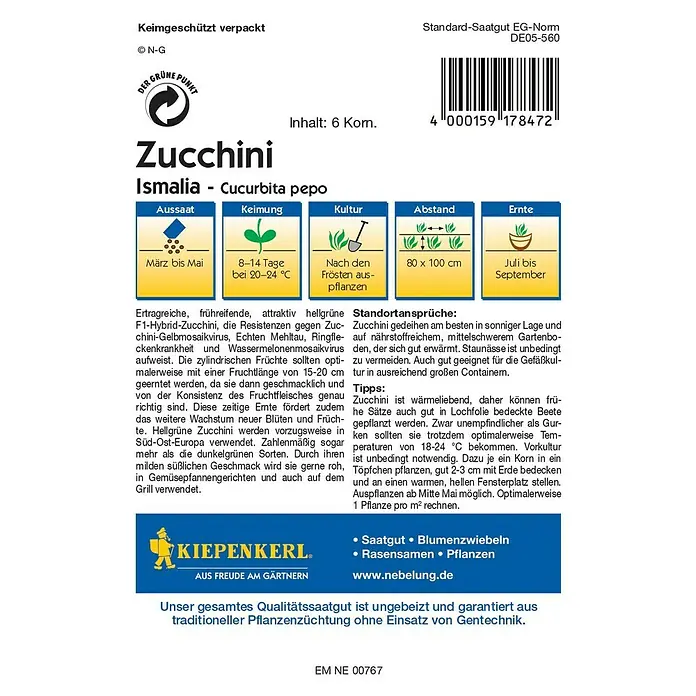 Kiepenkerl Profi-Line Gemüsesamen Zucchini - Ismalia, Cucurbita pepo, Erntezeit: Juli - Rückansicht
