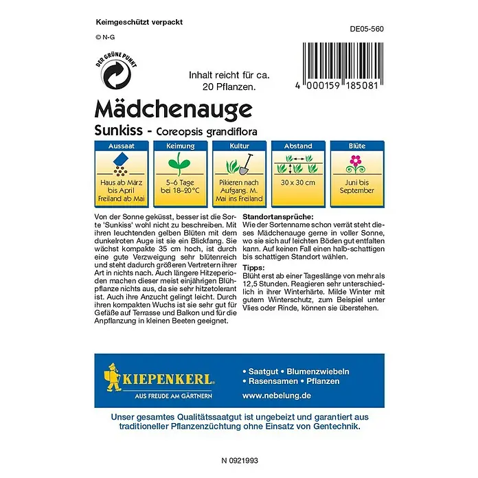 Kiepenkerl Blumensamen Mädchenauge Sunkiss - Coreopsis grandiflora, Gelb - Rückansicht