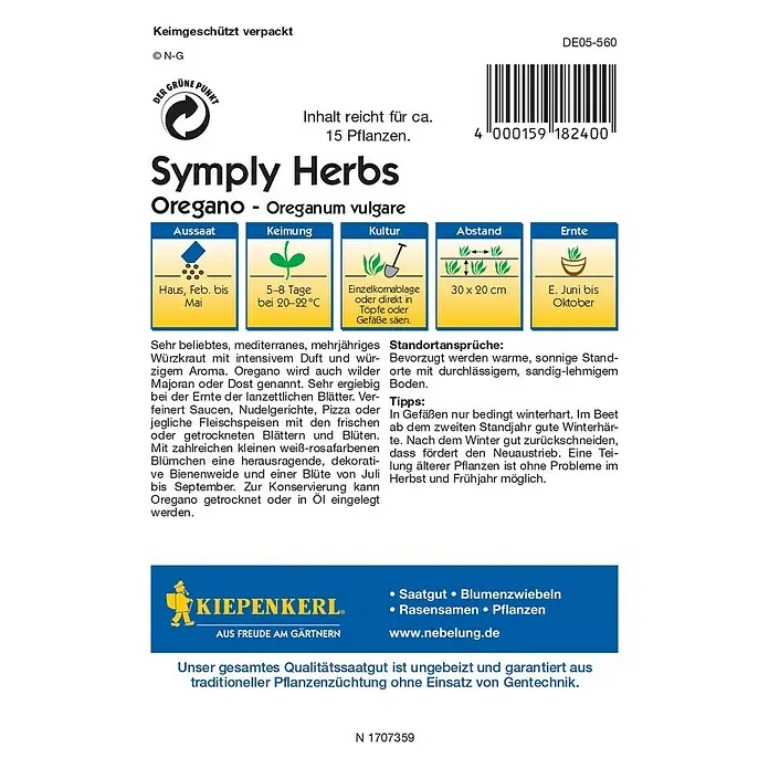 Kiepenkerl Profi-Line Kräutersamen Oregano Simply Herbs - Origanum vulgare, Erntezeit: Juni - Rückansicht