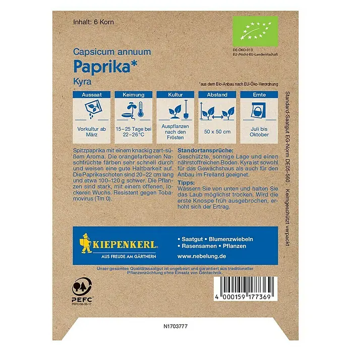 Kiepenkerl Profi-Line Gemüsesamen Spitzpaprika - Kyra, Capsicum annuum, Erntezeit: Juli - Rückansicht