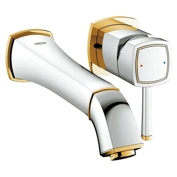 Grohe Grandera Wand-Waschtischarmatur - 2-Loch, Chrom/Gold, Glänzend, Ausladung: 234 mm - Diagonale Ansicht