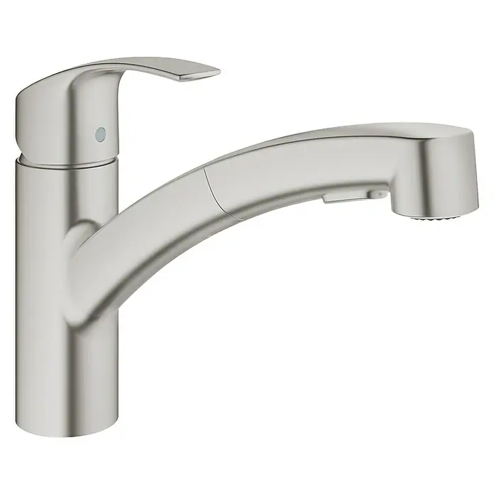 Grohe Eurosmart Spültischarmatur - Supersteel, Matt, Ausziehbare Dual-Spülbrause - Diagonale Ansicht