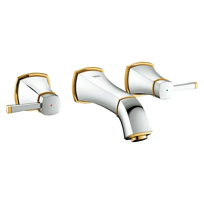 Grohe Grandera Wand-Waschtischarmatur - 3-Loch, Chrom/Gold, Glänzend, Ausladung: 177 mm - Diagonale Ansicht