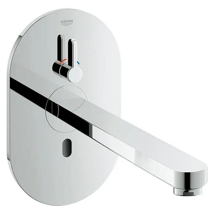 Grohe Eurosmart Wand-Waschtischarmatur - Chrom, Glänzend, Ausladung: 232 mm, Einstellbare Temperaturbegrenzung - Diagonale Ansicht
