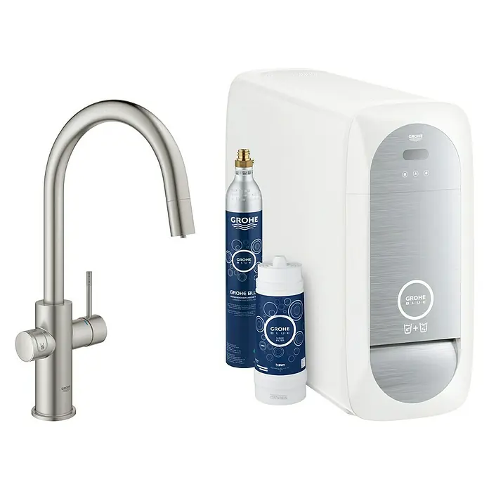 Grohe Spültischarmatur Blue Home - C-Auslauf, CO2-Messung, Supersteel, Auslauf herausziehbar - Diagonale Ansicht