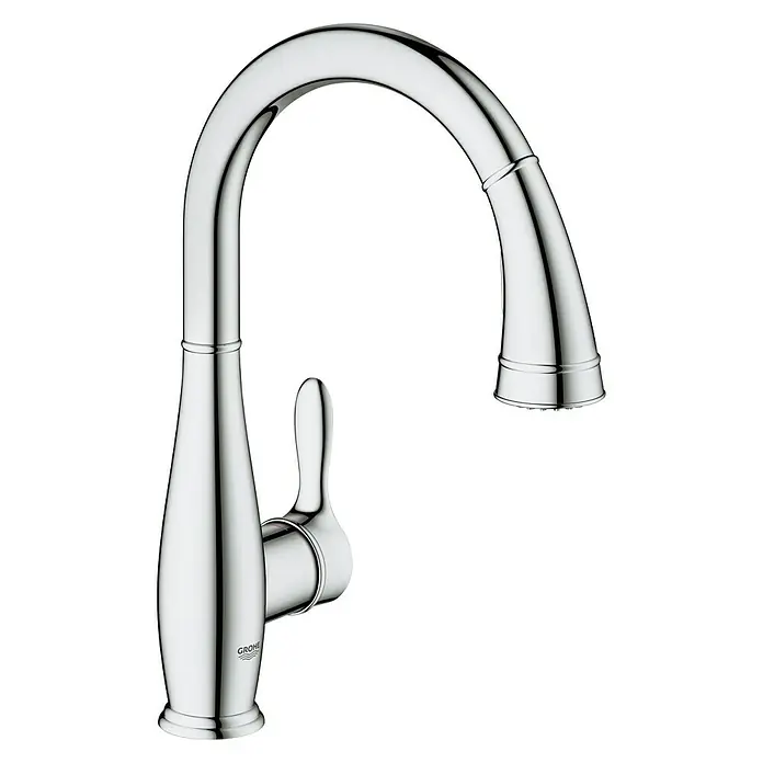 Grohe Spültischarmatur Parkfield - Chrom, Glänzend, Auslauf herausziehbar - Diagonale Ansicht