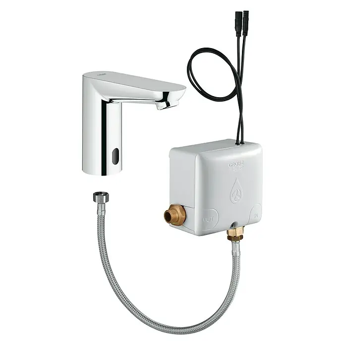 Grohe Euroeco Waschtischarmatur mit Temperaturregulierung, mit Powerbox - Chrom, Infrarot-Elektronik - Diagonale Ansicht