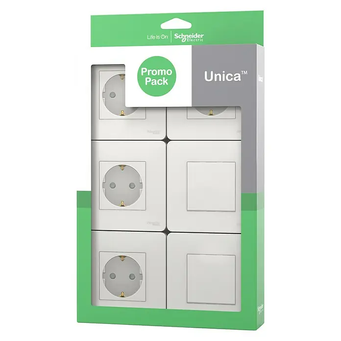 Schneider Electric Conmutador y enchufe Pack New Unica - Blanco, Plástico - Vista angular