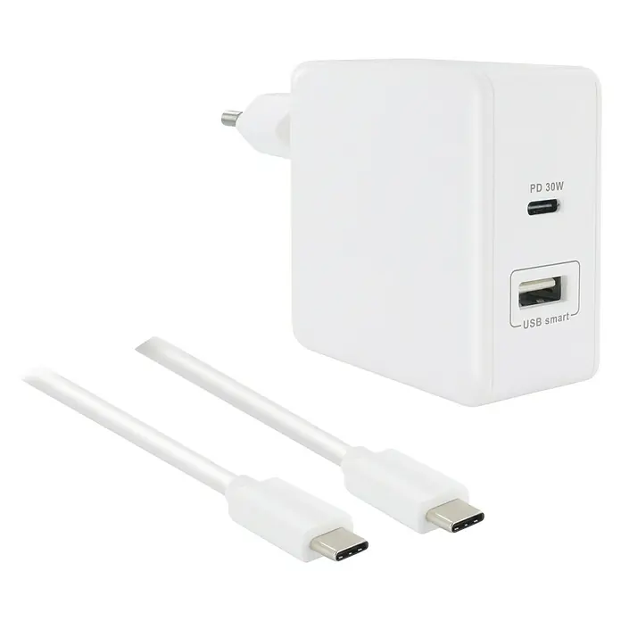 Metronic Cargador de viaje Red - Blanco, 3 A, 2 conexiones USB - Vista angular