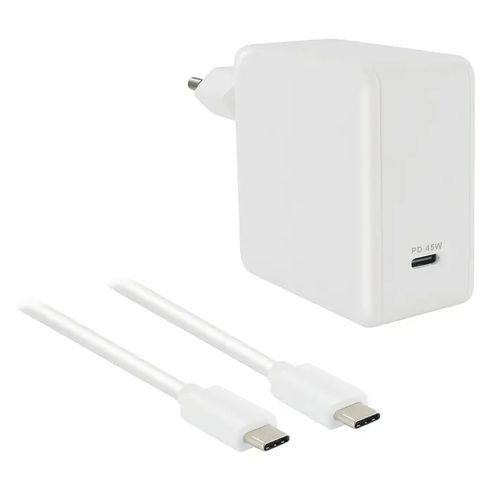 Metronic Cargador de viaje cable USB-C macho / macho - 45 W, Blanco, 3 A - Vista angular