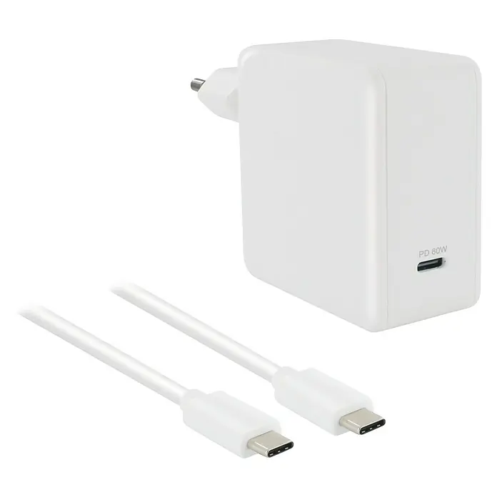 Metronic Cargador de viaje cable USB-C macho / macho - 60 W, Blanco, 3 A - Vista angular
