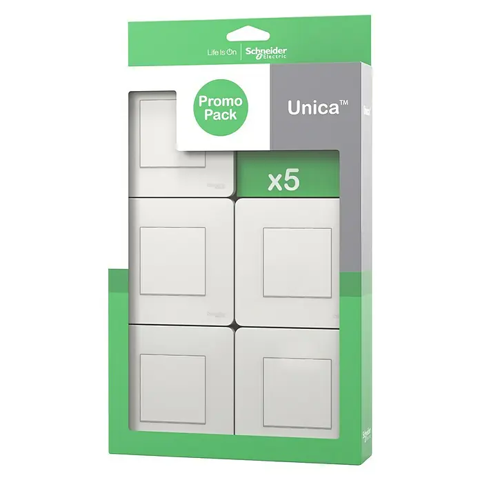 Schneider Electric New Unica Conmutador polar Pack 5 - Blanco, Montaje en la pared, IP21, 10 AX - Vista angular