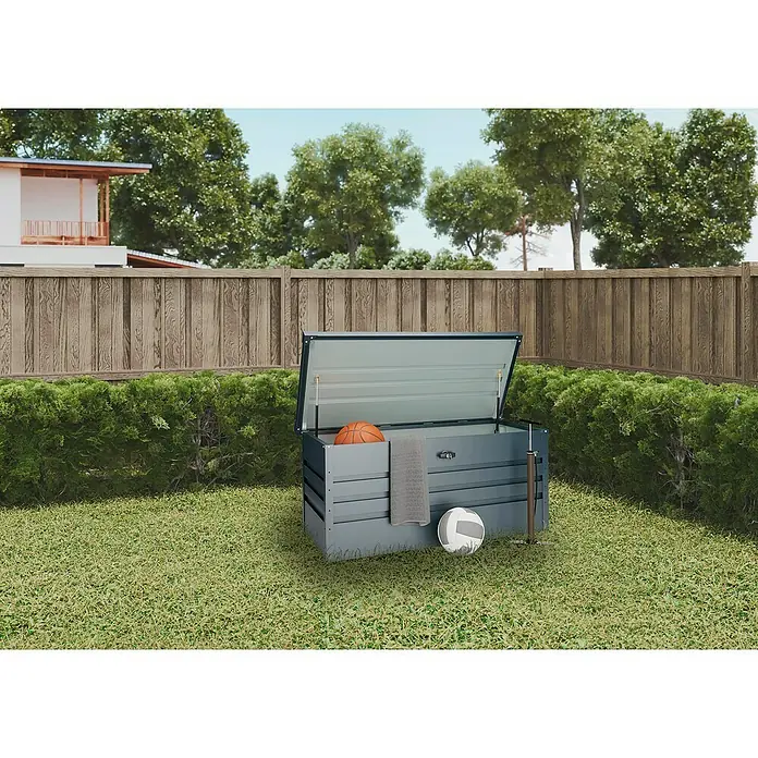 Okoru Baúl para jardín metálico Bergen - L x An x Al: 132 x 61 x 62 cm, Antracita, Acero - Foto ambiente