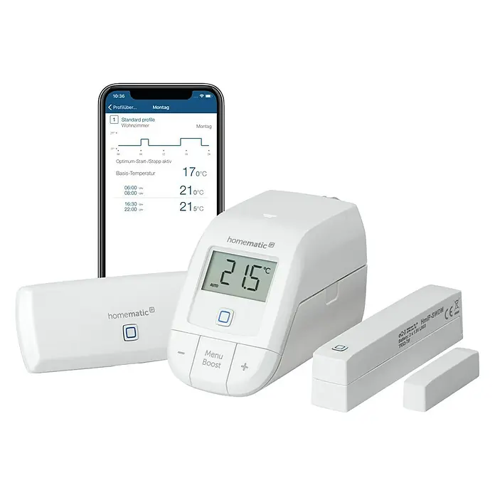 Homematic IP Starter-Set HmIP-SK12 Raumklima WLAN - 1 x WLAN Access Point, 1 x Heizkörperthermostat, 1 x Fenster- und Türkontakt, 4 x Batterie, Montagematerial - Diagonale Ansicht