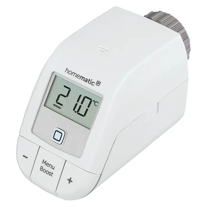 Homematic IP Starter-Set HmIP-SK12 Raumklima WLAN - 1 x WLAN Access Point, 1 x Heizkörperthermostat, 1 x Fenster- und Türkontakt, 4 x Batterie, Montagematerial - Diagonale Ansicht