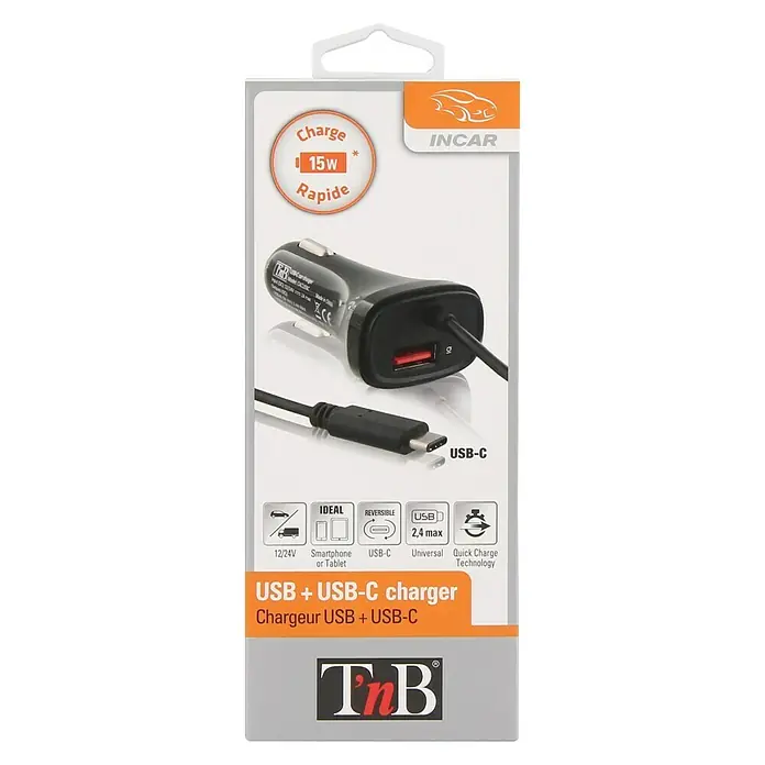 T'nB Cargador rápido - Negro, 2 conexiones USB - Vista frontal