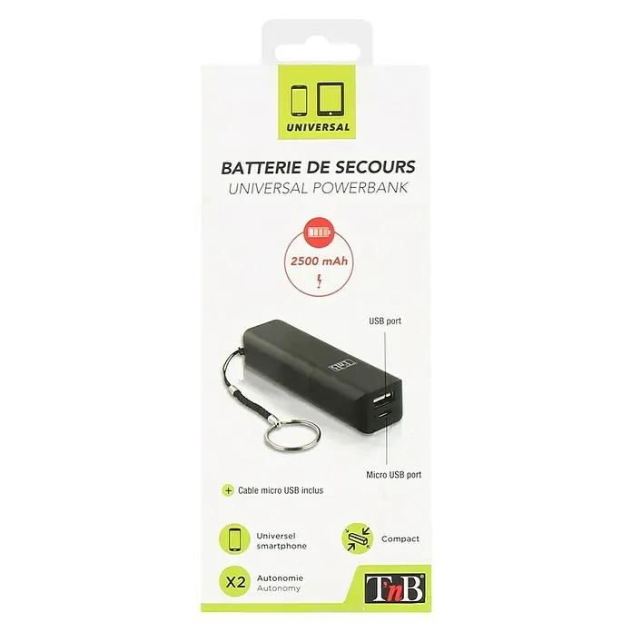 T'nB Cargador rápido PBUC2500BK - Negro, 1 x Micro USB - Vista frontal