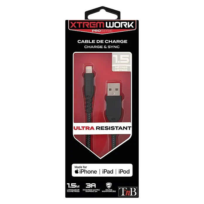 T'nB Cable de carga USB XTREMWORK - Negro, 1,5 m, Clavija USB A - Vista frontal