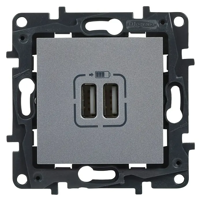 Legrand Niloé Step Toma USB - Aluminio, 2 canales, Plástico, Montaje en la pared - Vista frontal