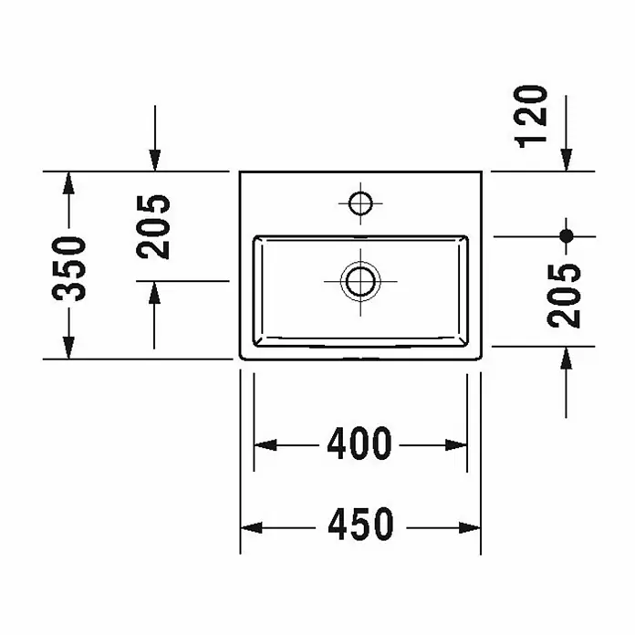 Duravit Vero Air Waschbecken - 45 x 35 cm, Ohne Spezialglasur, Hahnloch: Mitte, Mit Überlauf, Weiß, Geschliffen - Skizze