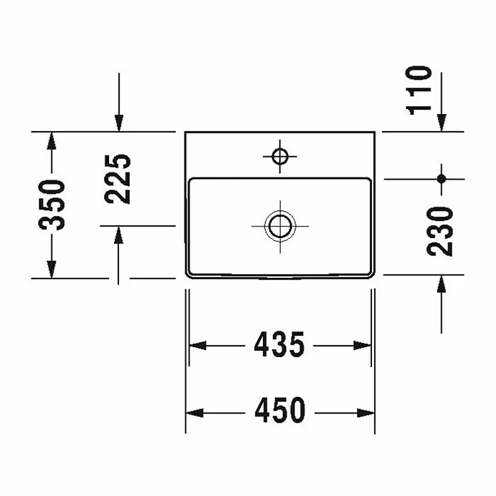 Duravit DuraSquare Waschbecken - 45 x 35 cm, Ohne Spezialglasur, Hahnloch: Ohne, Ohne Überlauf, Weiß, Ungeschliffen - Skizze