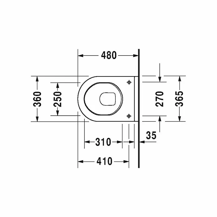 Duravit Starck 3 Wand-WC Compact - Mit Spülrand, Mit schmutzabweisender Glasur, Spülform: Tief, WC Abgang: Waagerecht, Sichtbarkeit Befestigung: Sichtbar - Skizze