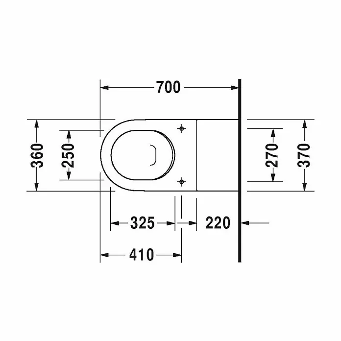 Duravit Starck 3 Wand-WC Vital - Mit Spülrand, Mit schmutzabweisender Glasur, Spülform: Tief, WC Abgang: Waagerecht, Weiß - Skizze
