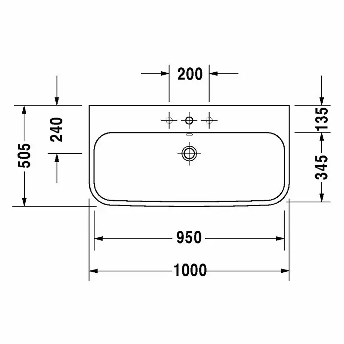 Duravit Happy D.2 Waschtisch Typ 2 - 100 x 50,5 cm, Ohne Spezialglasur, Mit Hahnloch, Mit Überlauf, Weiß - Skizze