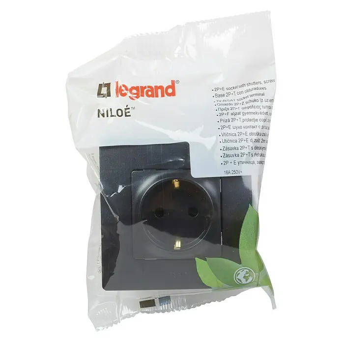 Legrand Niloé Monoblock Enchufe - Negro, 2 Polos + Toma Tierra, Plástico, Montaje en la pared - Vista frontal