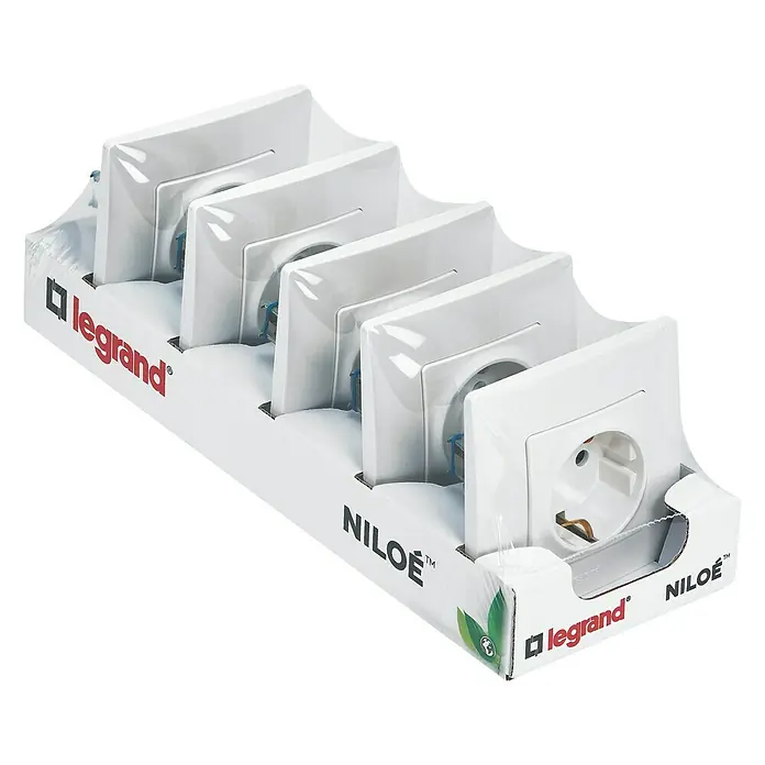 Legrand Niloé Monoblock Enchufe - Blanco, 2 Polos + Toma Tierra, Plástico, Montaje en la pared, 5 ud. - Vista angular