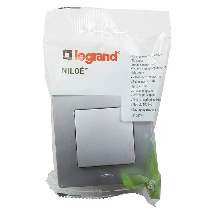 Legrand Niloé Monoblock Pulsador - Plateado, Montaje en la pared, Plástico, Corriente nominal: 6 A - Vista frontal