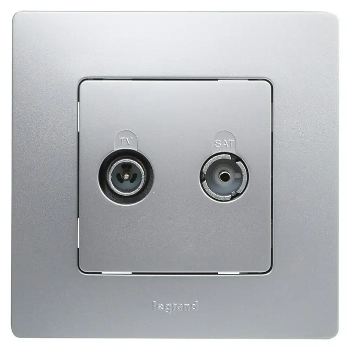 Legrand Niloé Monoblock Toma TV/SAT Intermedia - Plateado, 2 conexiones, Plástico, Montaje en la pared - Vista frontal