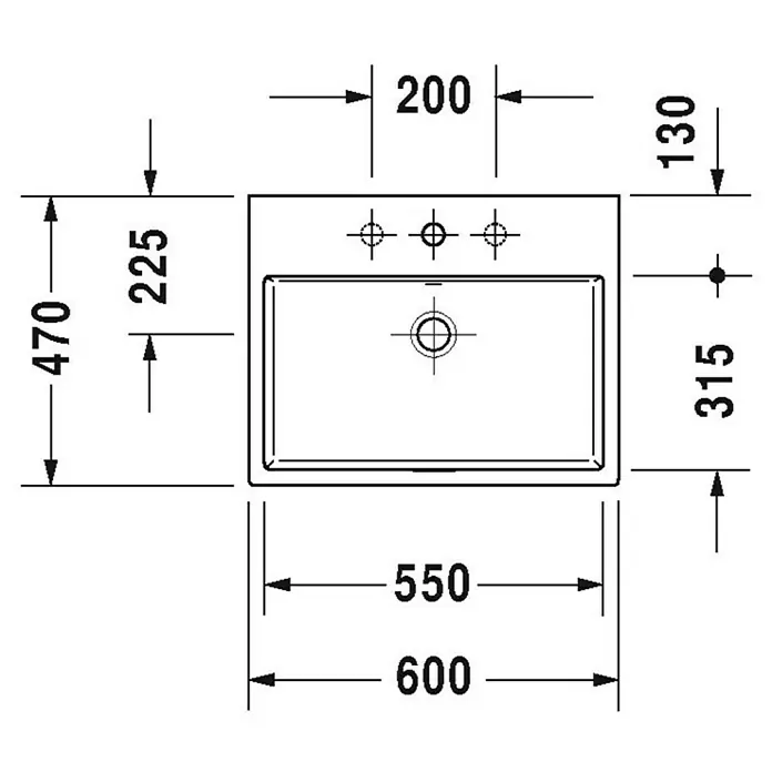 Duravit Vero Air Waschtisch - 60 x 47 cm, Mit schmutzabweisender Glasur, Hahnloch: Mitte, Ohne Überlauf, Weiß, Ungeschliffen - Skizze