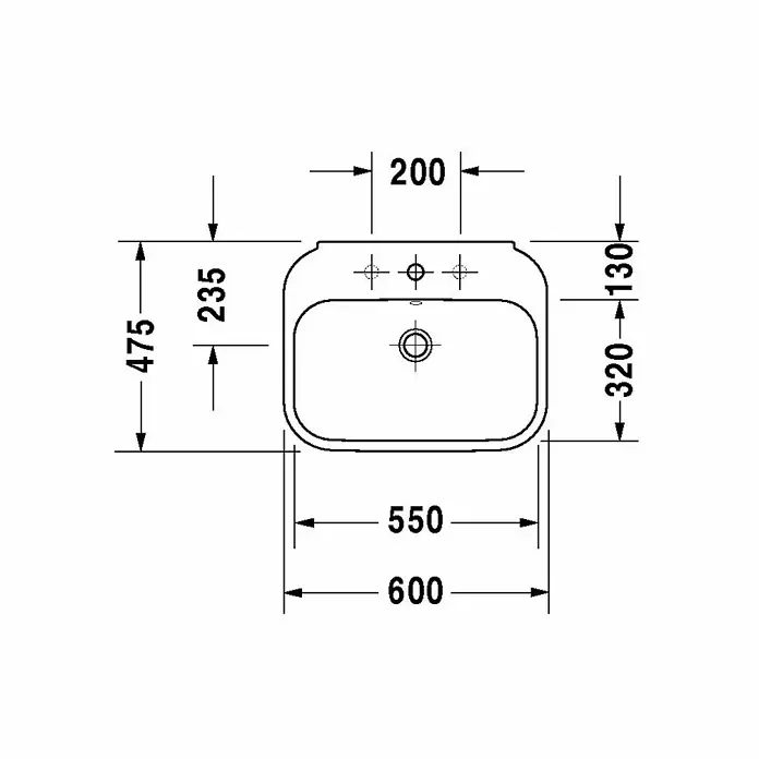 Duravit Happy D.2 Waschtisch - 60 x 47,5 cm, Mit schmutzabweisender Glasur, Hahnloch: Mitte, Mit Überlauf, Weiß, Ungeschliffen - Skizze