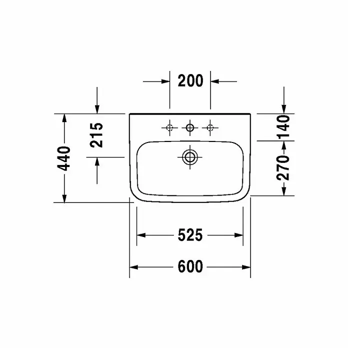 Duravit DuraStyle Waschtisch Med - 60 x 44 cm, Mit schmutzabweisender Glasur, Hahnloch: Ohne, Ohne Überlauf, Weiß - Skizze