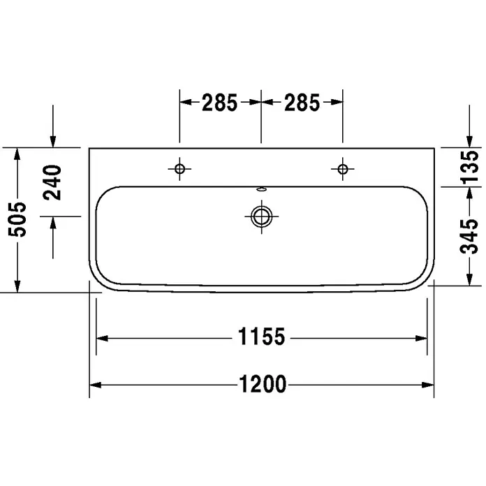 Duravit Happy D.2 Doppelwaschtisch - 120 x 50,5 cm, Mit schmutzabweisender Glasur, Anzahl Hahnlöcher: 2, Mit Überlauf, Weiß, Ungeschliffen - Skizze