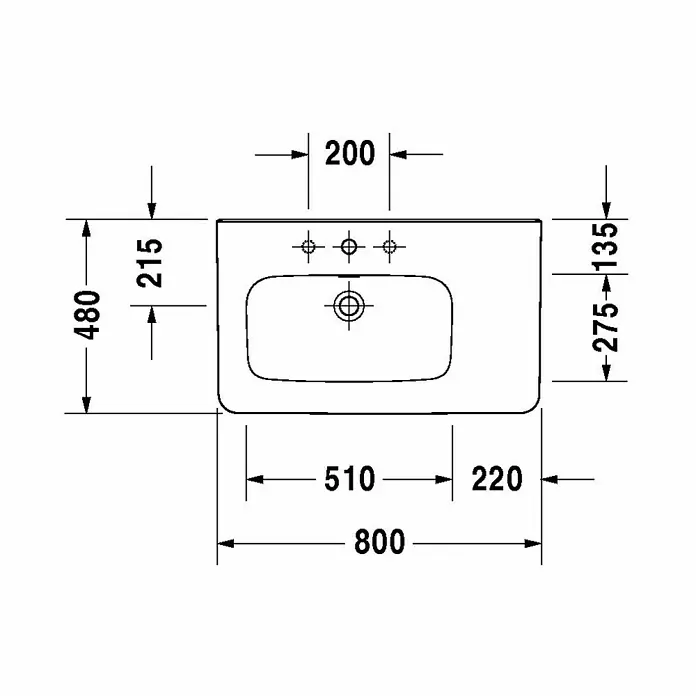 Duravit DuraStyle Waschtisch - 80 x 48 cm, Mit schmutzabweisender Glasur, Hahnloch: Links, Mit Überlauf, Weiß - Skizze