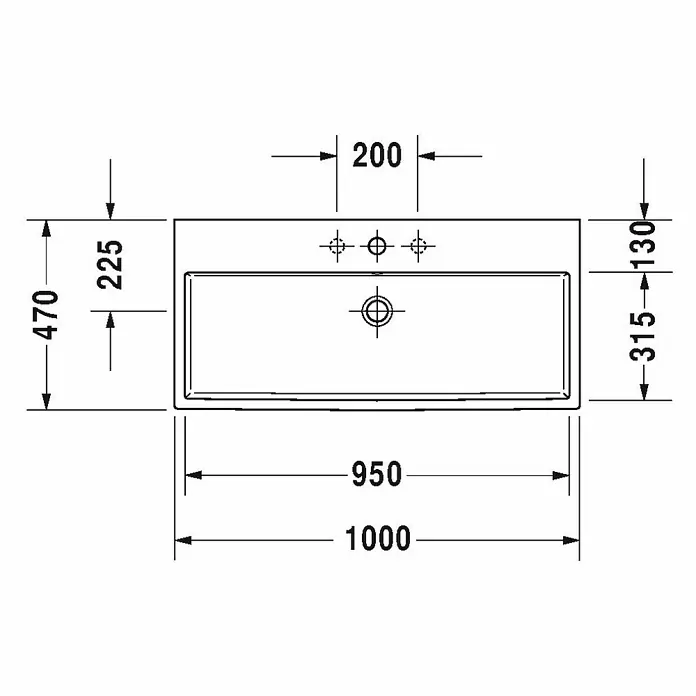 Duravit Vero Air Waschtisch - 100 x 47 cm, Mit schmutzabweisender Glasur, Hahnloch: Ohne, Mit Überlauf, Weiß, Geschliffen - Skizze