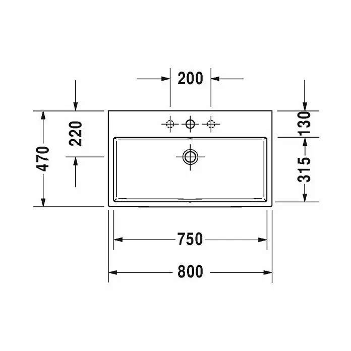 Duravit Vero Air Waschtisch - 80 x 47 cm, Mit schmutzabweisender Glasur, Hahnloch: Ohne, Ohne Überlauf, Weiß, Ungeschliffen - Skizze