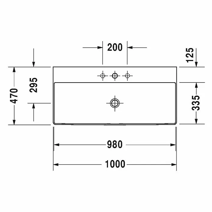 Duravit DuraSquare Waschtisch - 100 x 47 cm, Ohne Spezialglasur, Hahnloch: Mitte, Ohne Überlauf, Weiß, Geschliffen - Skizze