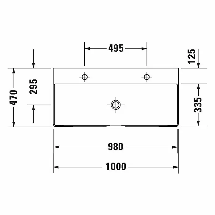 Duravit DuraSquare Doppelwaschtisch - 100 x 47 cm, Mit schmutzabweisender Glasur, Hahnloch: Mitte, Ohne Überlauf, Weiß, Ungeschliffen - Skizze