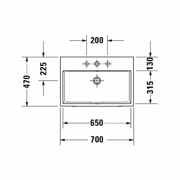 Duravit Vero Air Waschtisch - 70 x 47 cm, Mit schmutzabweisender Glasur, Hahnloch: Mitte, Ohne Überlauf, Weiß, Geschliffen - Skizze