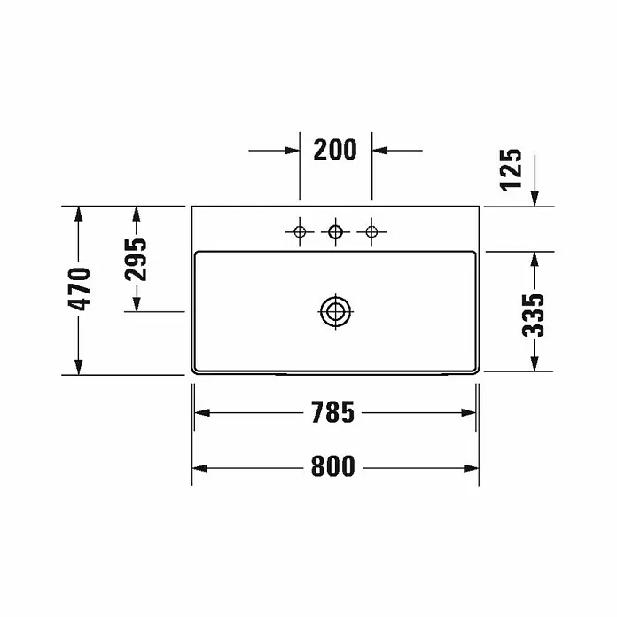 Duravit DuraSquare Waschtisch - 80 x 47 cm, Ohne Spezialglasur, Hahnloch: Ohne, Ohne Überlauf, Weiß, Geschliffen - Skizze