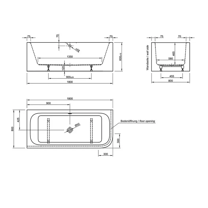 Ottofond Whirlpool Bonita - 180 x 80 cm, Sanitäracryl, Rechtsseitig, Inkl. Ab- und Überlaufgarnitur mit Wassereinlauf, Armatur S2000