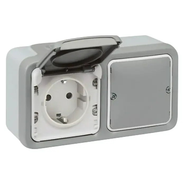 Legrand Valena Next with Netatmo Enchufe para estancias con humedad - 2 Polos + Toma Tierra, Montaje en la pared, IP55, Gris - Vista angular