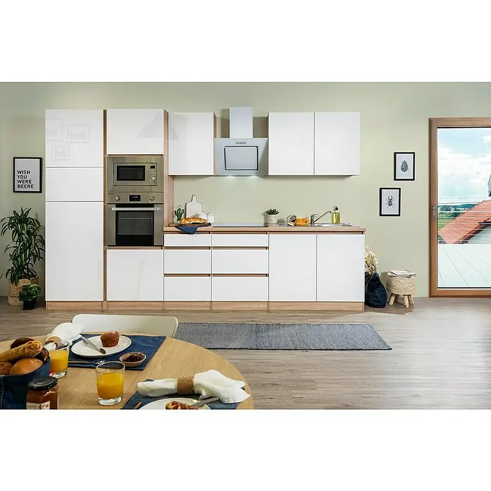Respekta Premium Küchenzeile GLRP335HESWGKE - Breite: 335 cm, Mit Elektrogeräten, Weiß Hochglanz - Stimmungsaufnahme