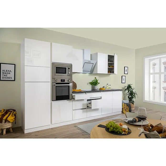 Respekta Premium Küchenzeile GLRP335HWWGKE - Breite: 335 cm, Mit Elektrogeräten, Weiß Hochglanz - Stimmungsaufnahme