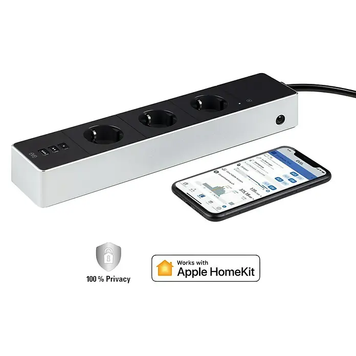 Eve Smart-Steckdosenleiste Energy Strip - 3-fach, Schwarz/Silber, Smarte Steuerung: Apple HomeKit - Diagonale Ansicht